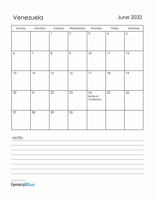 June 2032 Venezuela Calendar with Holidays (Sunday Start)
