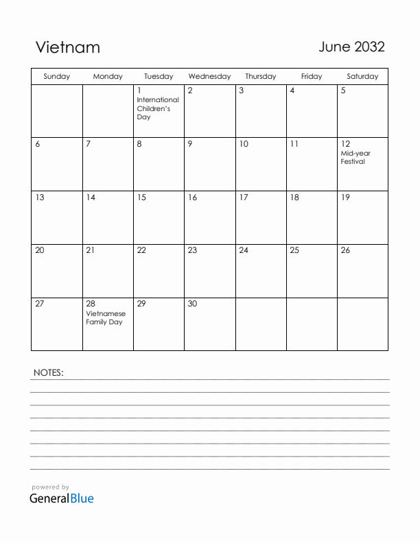 June 2032 Vietnam Calendar with Holidays (Sunday Start)