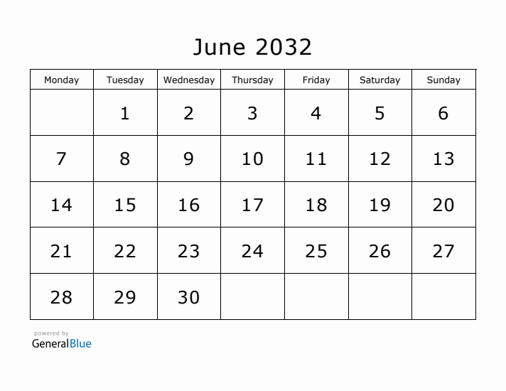 Printable June 2032 Calendar - Monday Start