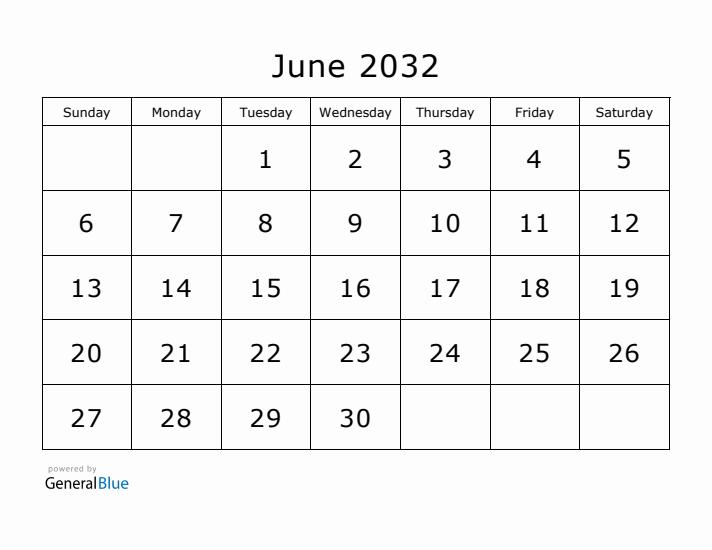 Printable June 2032 Calendar - Sunday Start