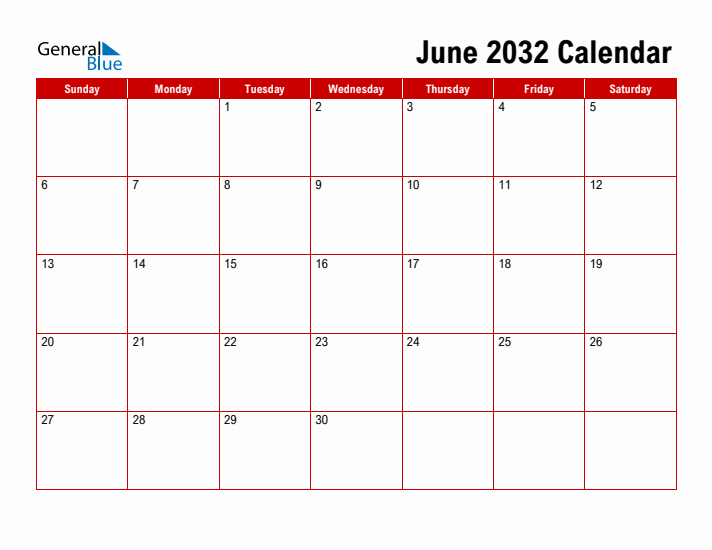 Simple Monthly Calendar - June 2032