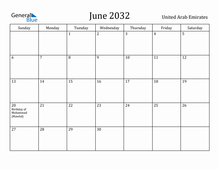 June 2032 Calendar United Arab Emirates