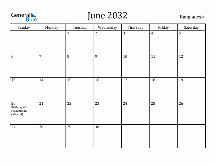 June 2032 Calendar Bangladesh