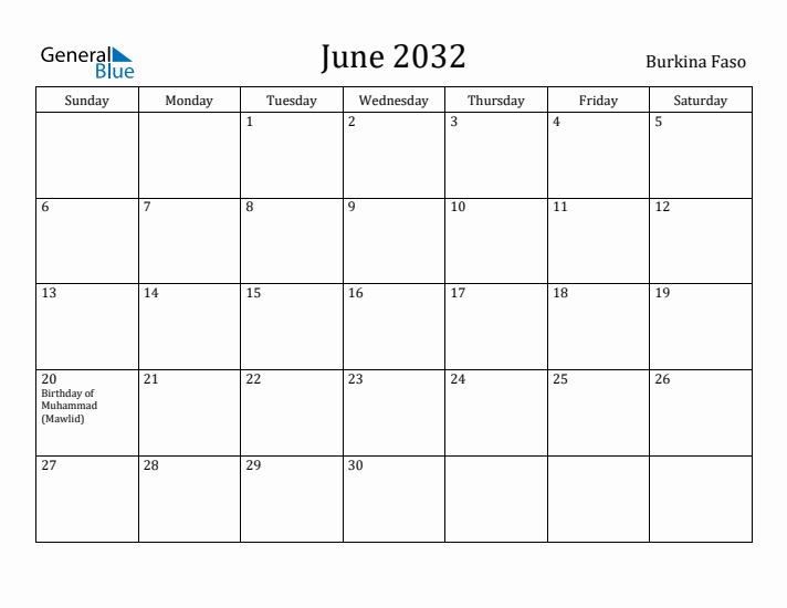 June 2032 Calendar Burkina Faso