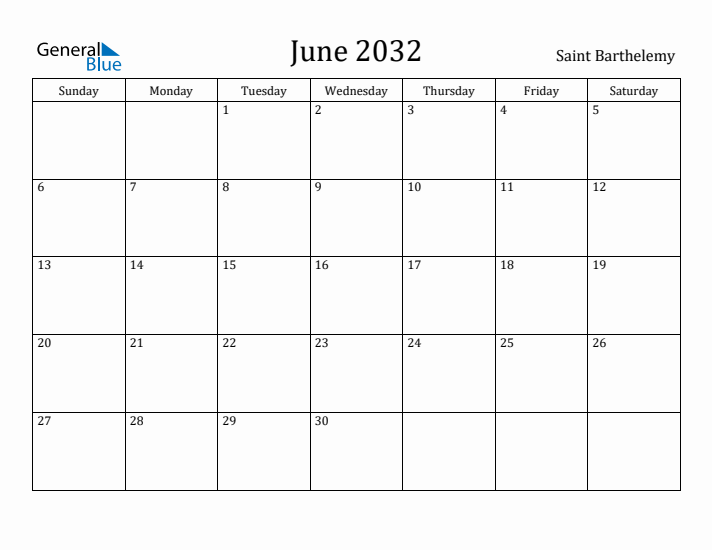 June 2032 Calendar Saint Barthelemy