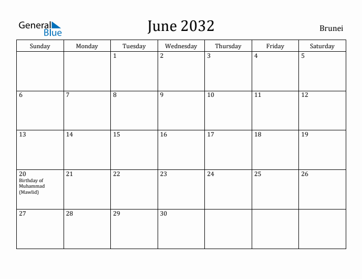 June 2032 Calendar Brunei