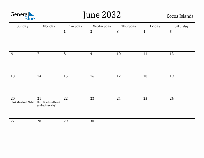 June 2032 Calendar Cocos Islands