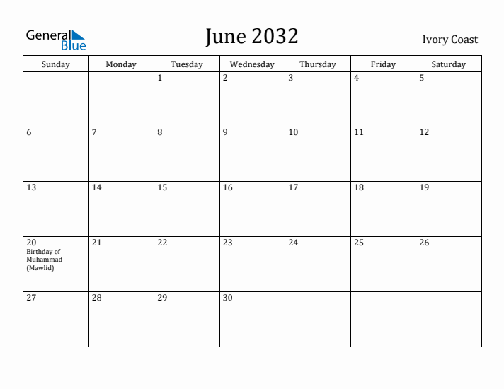 June 2032 Calendar Ivory Coast