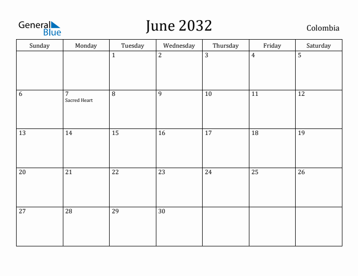 June 2032 Calendar Colombia