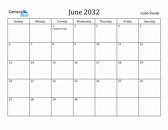 June 2032 Calendar Cabo Verde