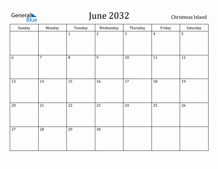 June 2032 Calendar Christmas Island