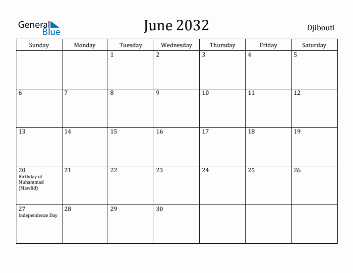 June 2032 Calendar Djibouti
