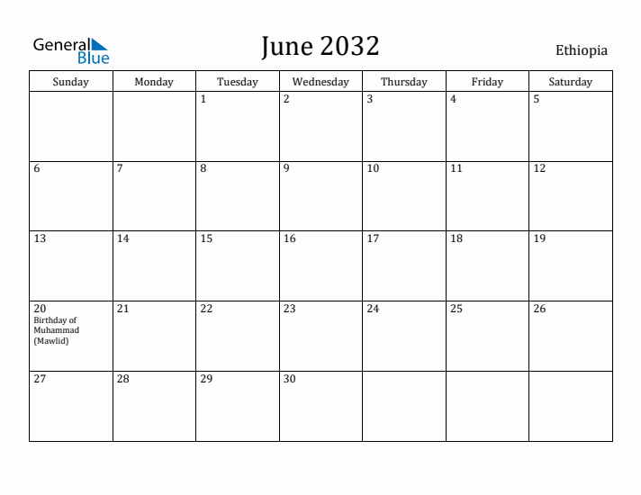 June 2032 Calendar Ethiopia