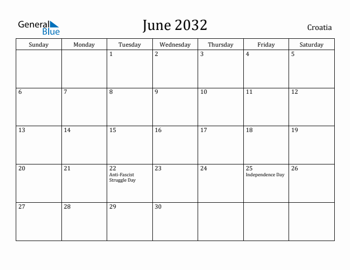 June 2032 Calendar Croatia