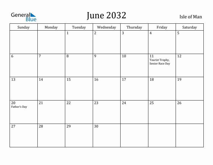 June 2032 Calendar Isle of Man