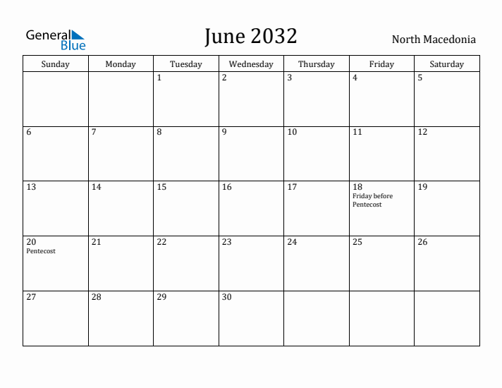 June 2032 Calendar North Macedonia