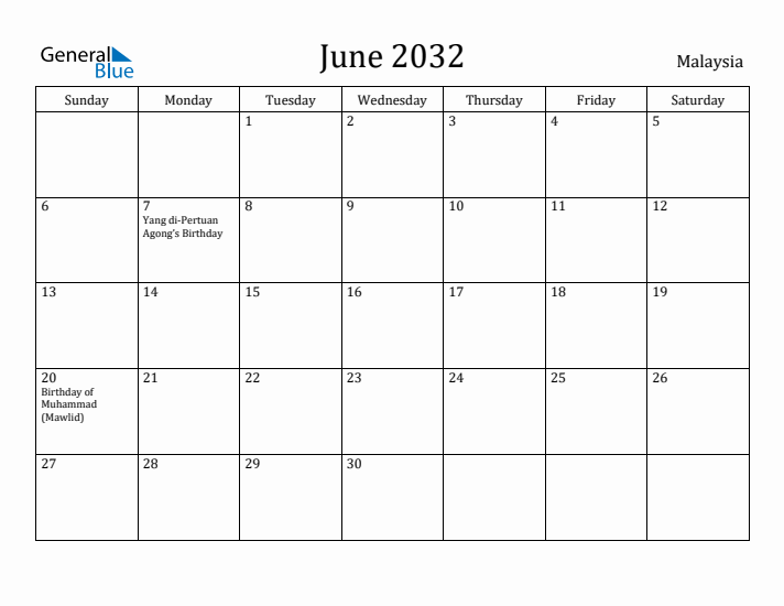 June 2032 Calendar Malaysia