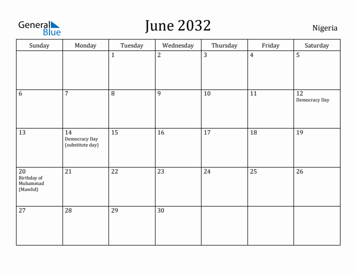 June 2032 Calendar Nigeria