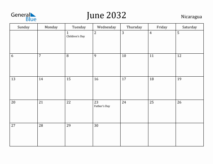 June 2032 Calendar Nicaragua