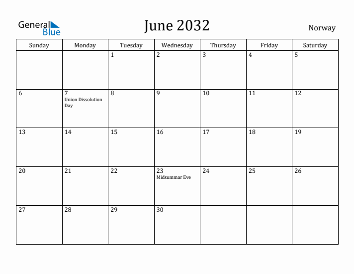 June 2032 Calendar Norway