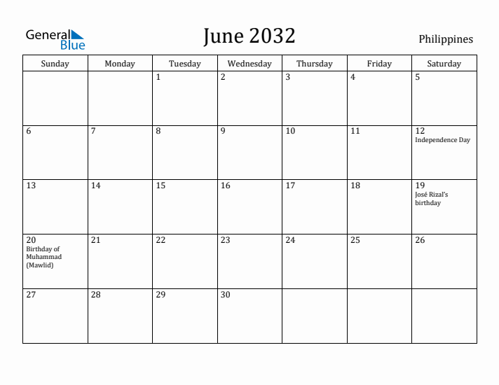 June 2032 Calendar Philippines