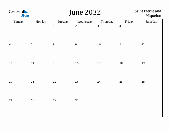 June 2032 Calendar Saint Pierre and Miquelon