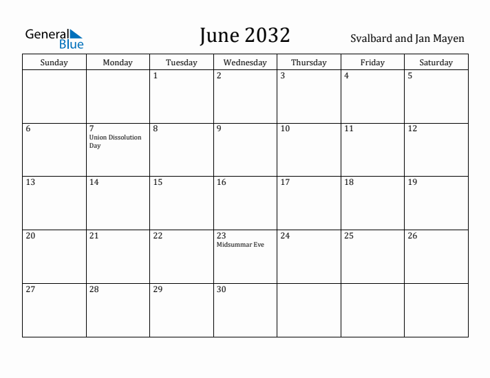 June 2032 Calendar Svalbard and Jan Mayen