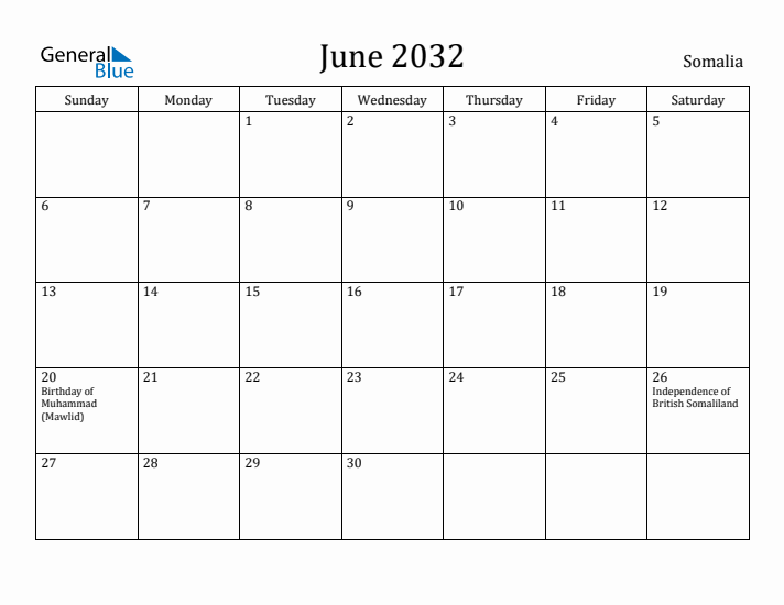 June 2032 Calendar Somalia