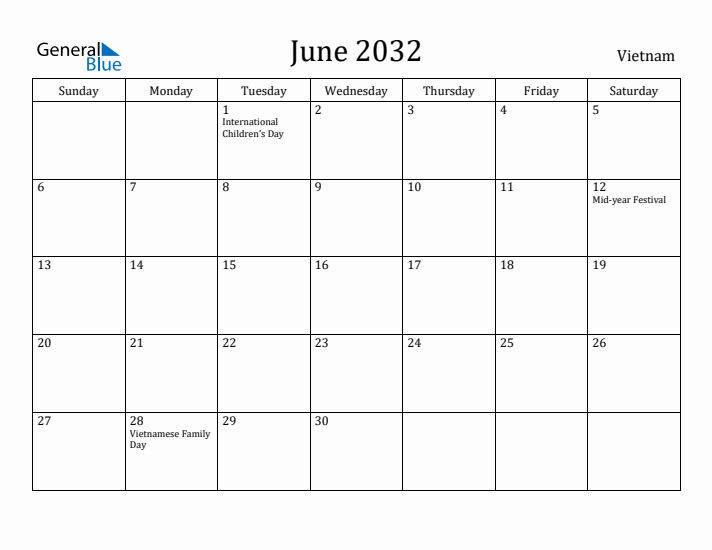 June 2032 Calendar Vietnam