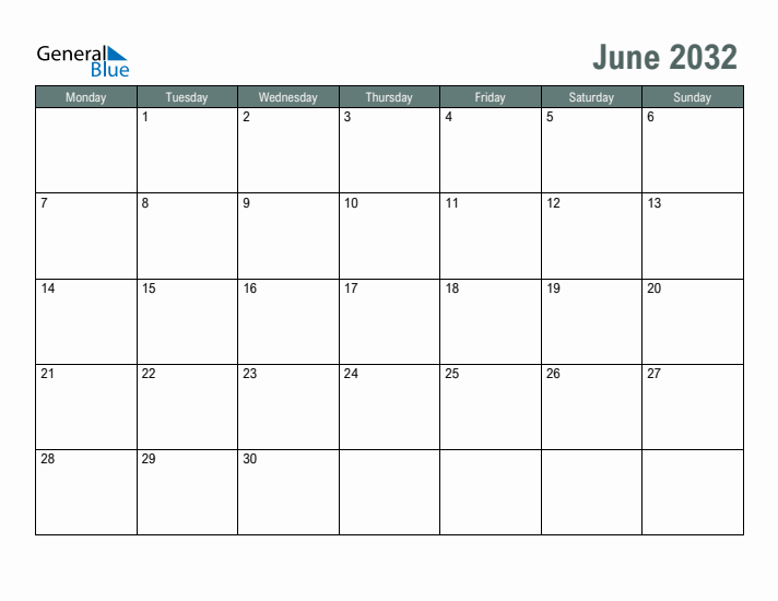 Free Printable June 2032 Calendar