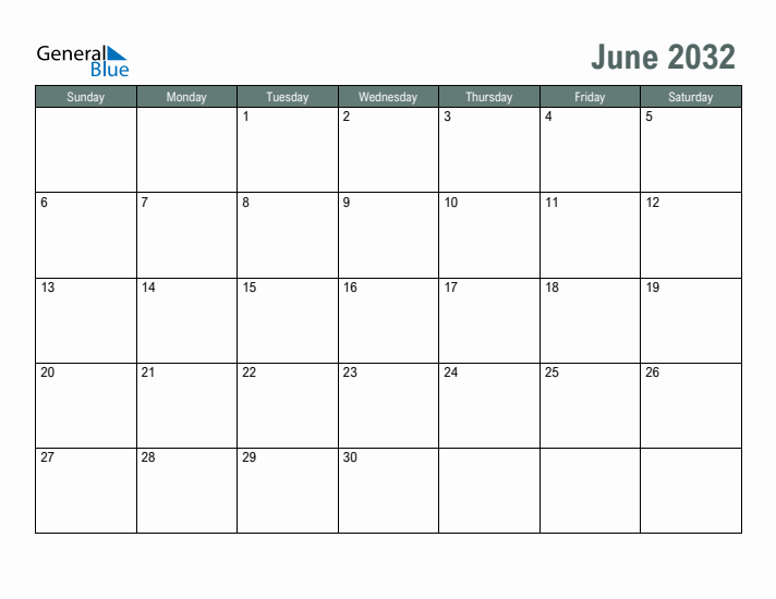 Free Printable June 2032 Calendar