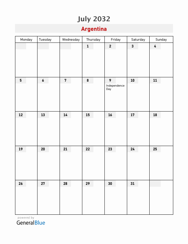 Argentina July 2032 Calendar with Holidays