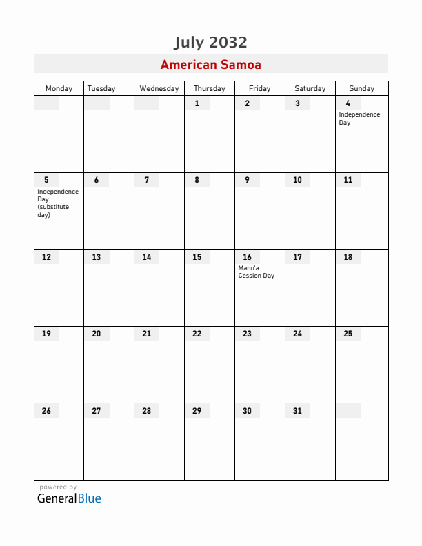 American Samoa July 2032 Calendar with Holidays