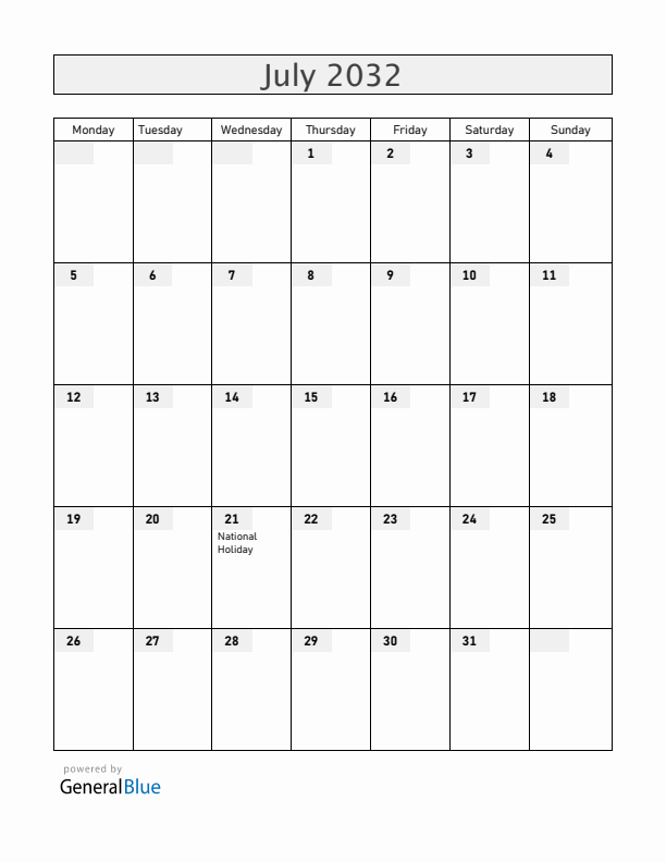 Belgium July 2032 Calendar with Holidays