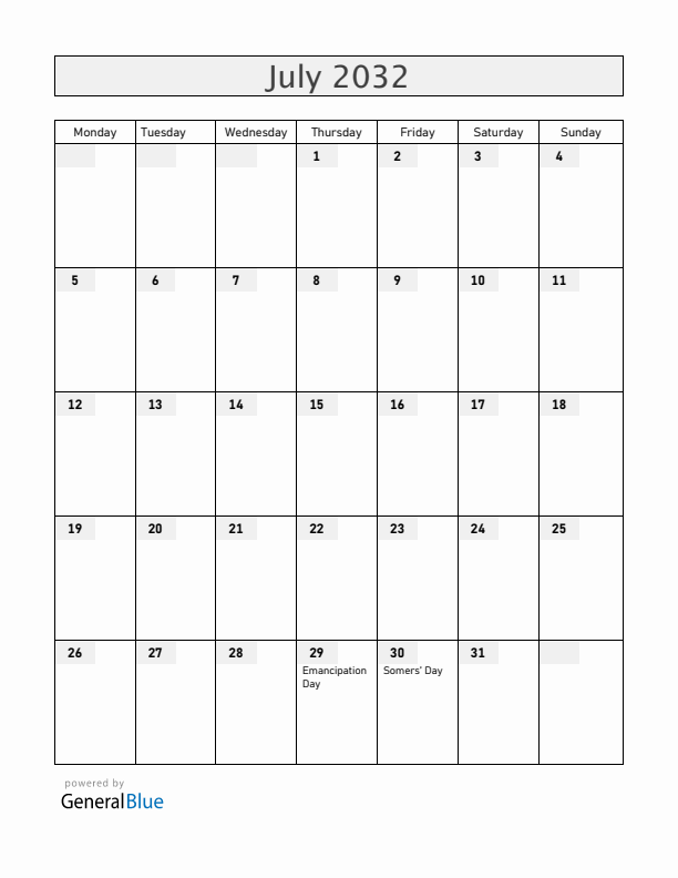 Bermuda July 2032 Calendar with Holidays