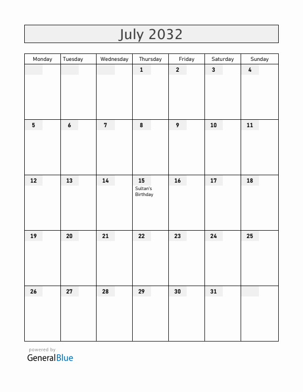 Brunei July 2032 Calendar with Holidays