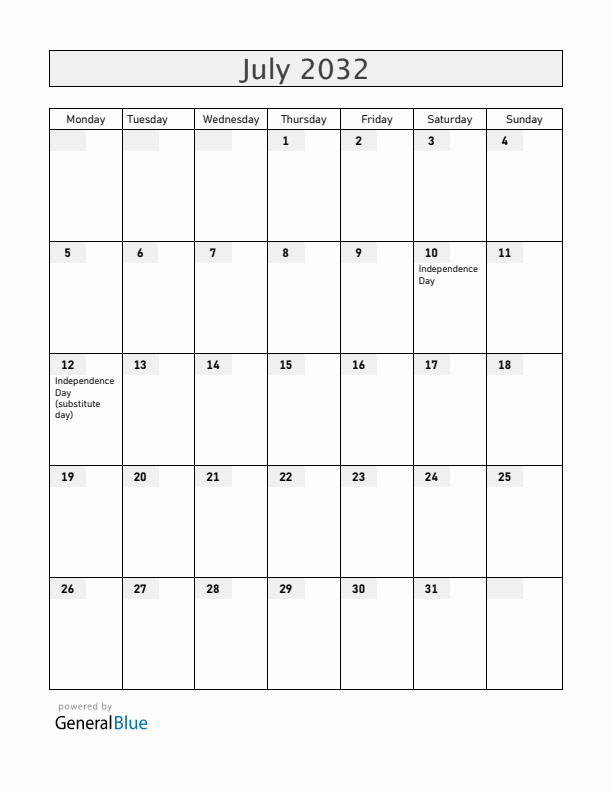 Bahamas July 2032 Calendar with Holidays
