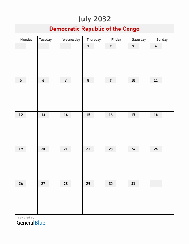 Democratic Republic of the Congo July 2032 Calendar with Holidays