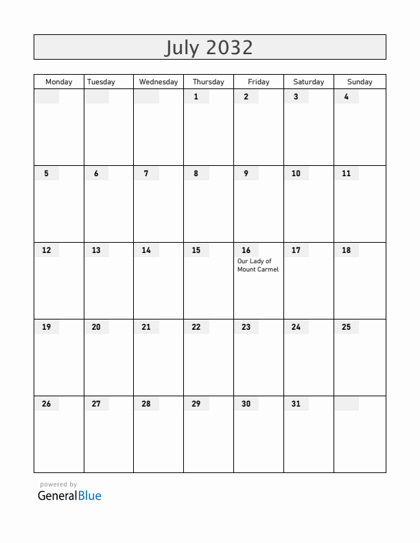 Chile July 2032 Calendar with Holidays