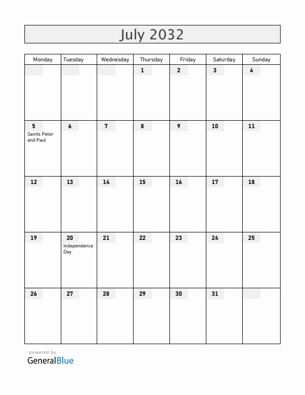 Colombia July 2032 Calendar with Holidays