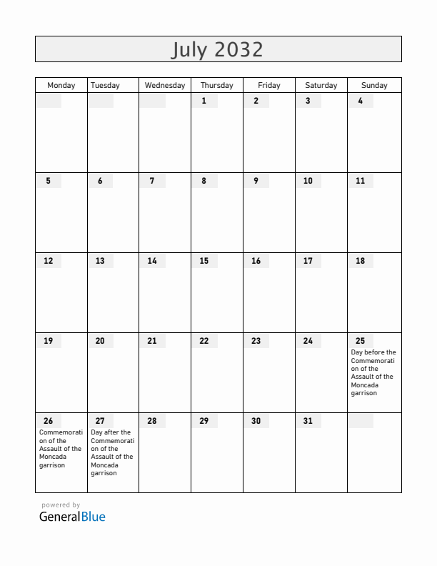 Cuba July 2032 Calendar with Holidays