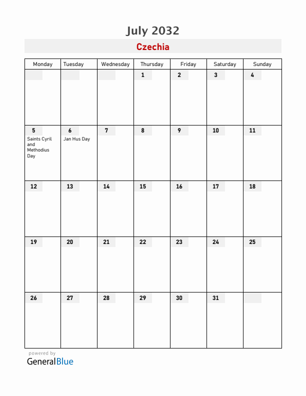 Czechia July 2032 Calendar with Holidays