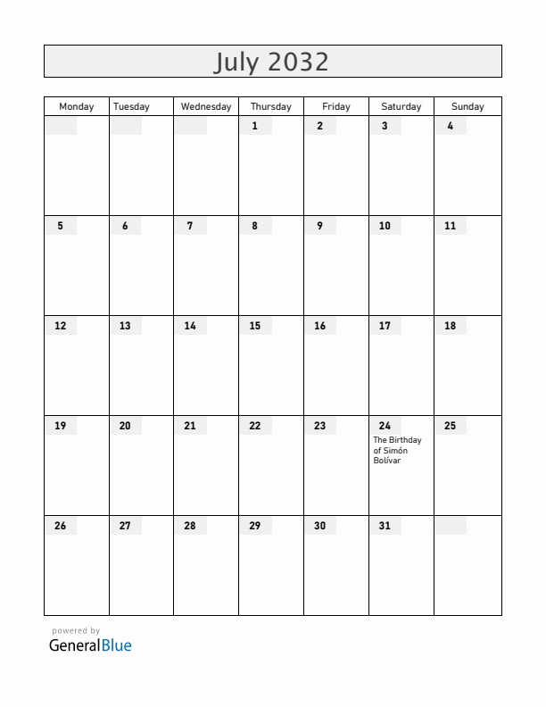 Ecuador July 2032 Calendar with Holidays