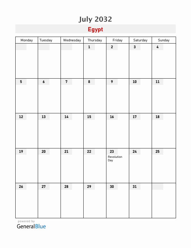 Egypt July 2032 Calendar with Holidays
