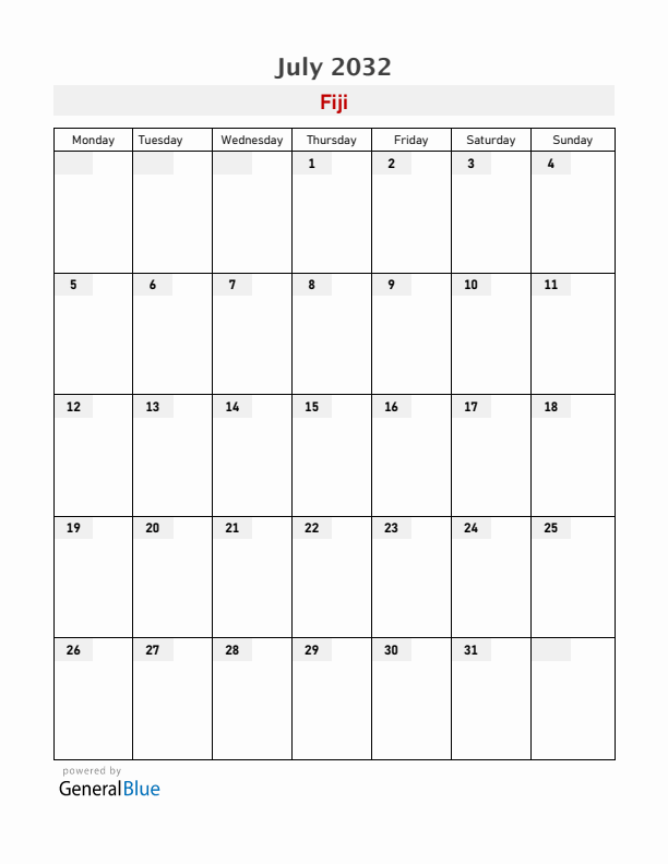 Fiji July 2032 Calendar with Holidays