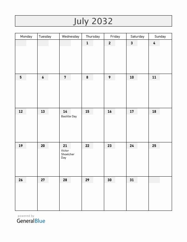 Guadeloupe July 2032 Calendar with Holidays