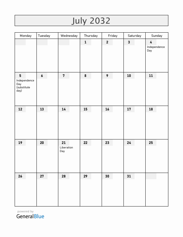 Guam July 2032 Calendar with Holidays