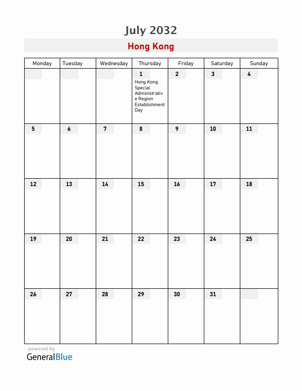 Hong Kong July 2032 Calendar with Holidays