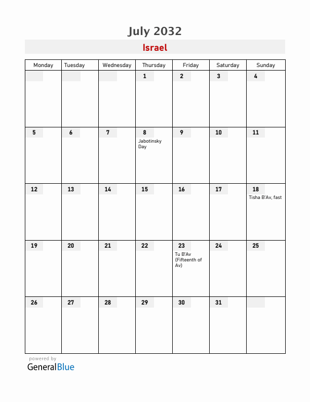 Israel July 2032 Calendar with Holidays