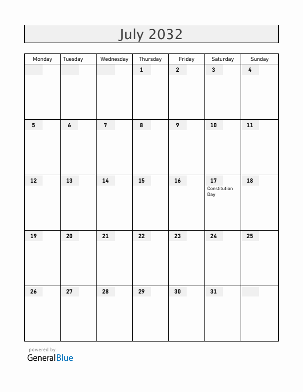 South Korea July 2032 Calendar with Holidays